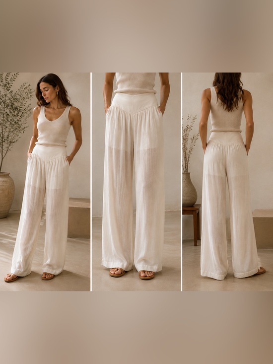 INTERMIX Pants - INTERMIX Linen Viscose Wide Leg Pants M Ivory Sheer Draped Made in New York